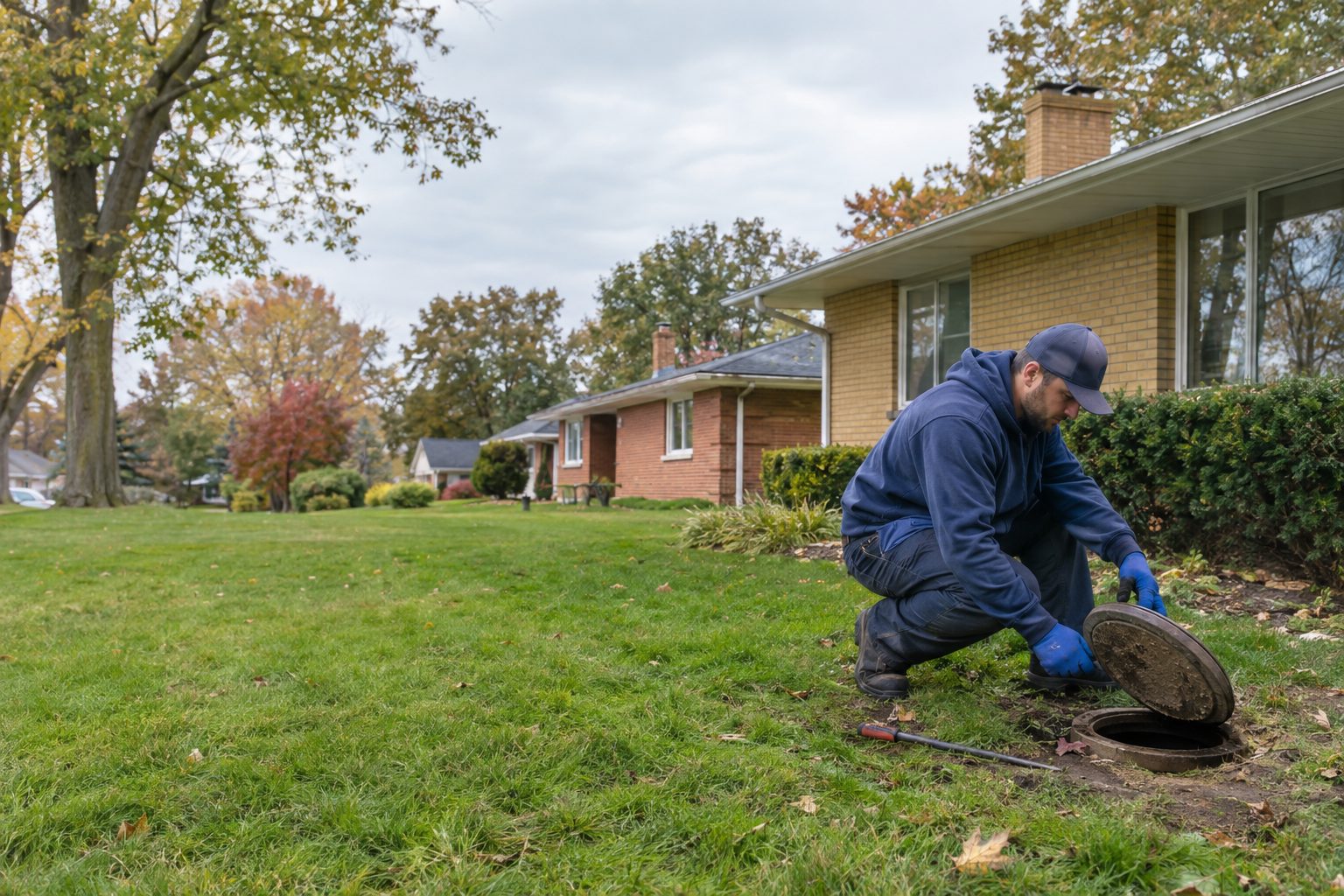 A plumber checks an outdoor sewer cleanout beside a mid-century Patterson Park home on a clear Ohio day in Patterson Park, OH